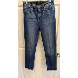 Just Black high-rise slim straight ankle jeans raw hem medium wash, size 27